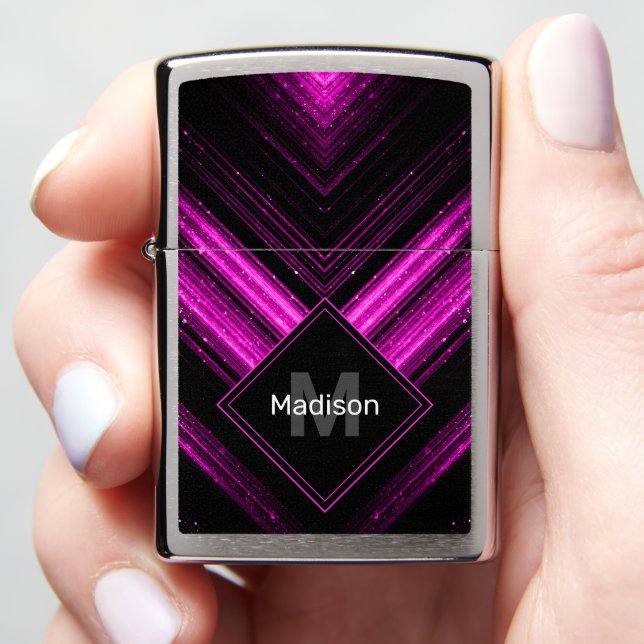Sparkly metallic hot pink black chevron Monogram Zippo Lighter (In Hand)