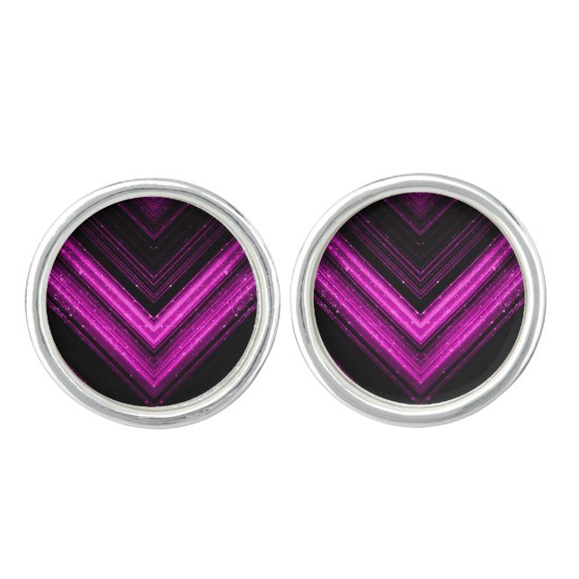 Sparkly metallic hot pink magenta black chevron cufflinks (Front)