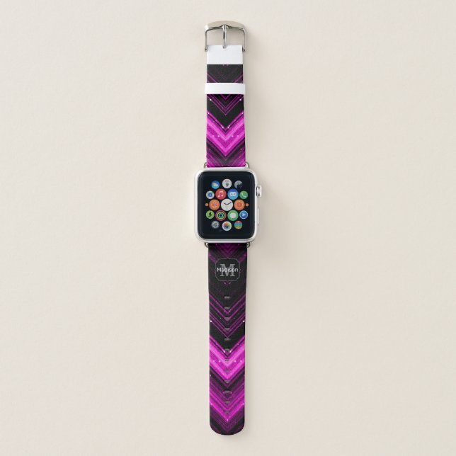 Sparkly metallic hot pink magenta chevron Monogram Apple Watch Band (Front)