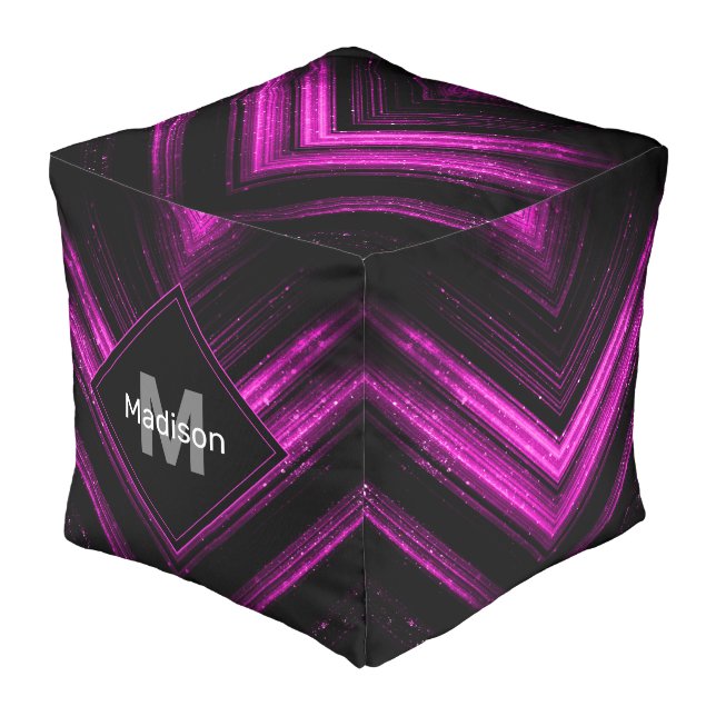 Sparkly metallic hot pink magenta chevron Monogram Pouf (Angled Front)