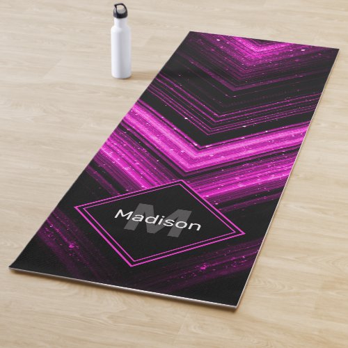 Sparkly metallic hot pink magenta chevron Monogram Yoga Mat