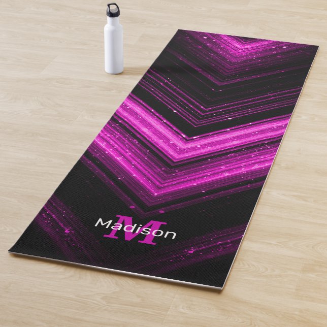 Sparkly metallic hot pink magenta chevron Monogram Yoga Mat (In Situ)