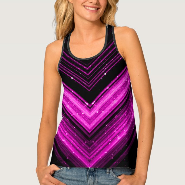 Sparkly metallic pink magenta galaxy chevron lines tank top (Front)