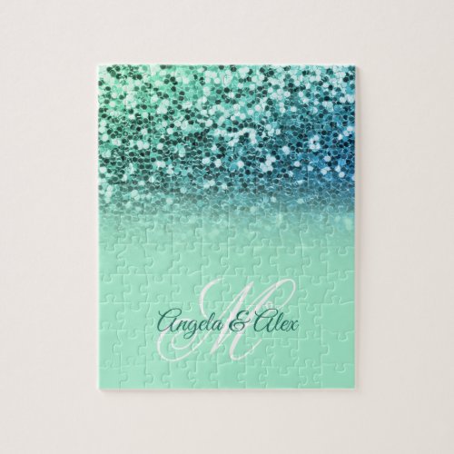 Sparkly Mint Blue Glitter Turquoise Ombre Monogram Jigsaw Puzzle
