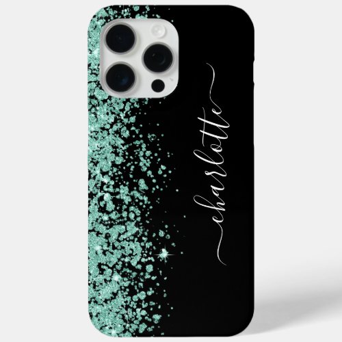 Sparkly Mint Glitter Border Black Girly Name iPhone 15 Pro Max Case