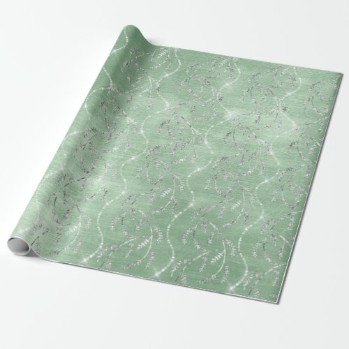 Sparkly Mint Green Laurel Floral Silver Diamonds Wrapping Paper