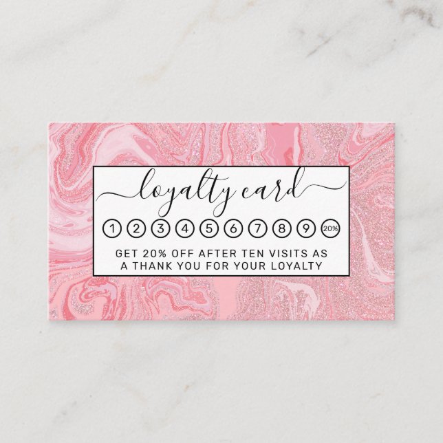 Sparkly Modern Blush Coral Pink Glitter Marble Loyalty Card (Front)
