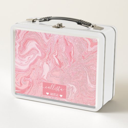 Sparkly Modern Blush Coral Pink Glitter Marble Metal Lunch Box