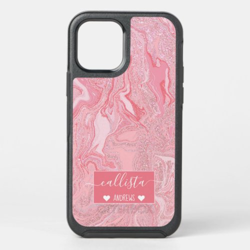 Sparkly Modern Blush Coral Pink Glitter Marble OtterBox Symmetry iPhone 12 Case
