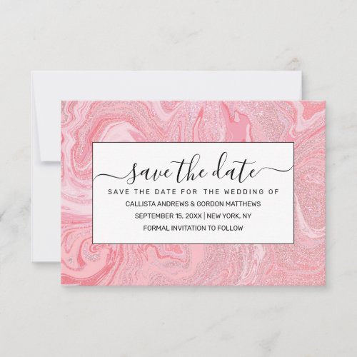 Sparkly Modern Blush Coral Pink Glitter Marble Save The Date