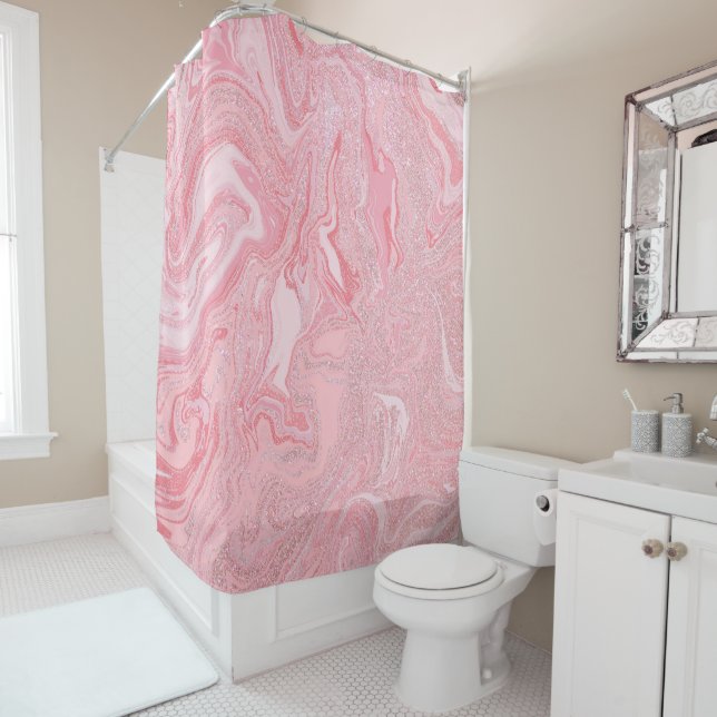 Sparkly Modern Blush Coral Pink Glitter Marble Shower Curtain (In Situ)