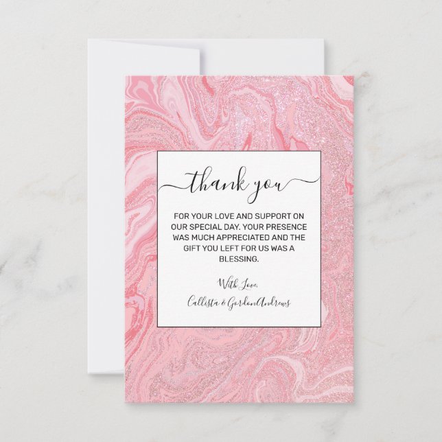 Sparkly Modern Blush Coral Pink Glitter Marble Thank You Card (Front)