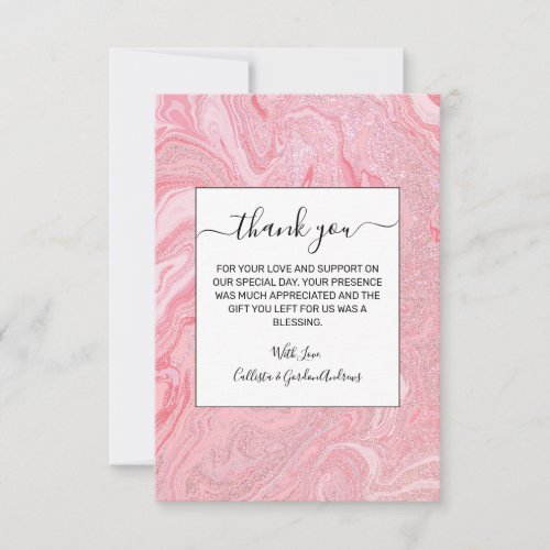 Sparkly Modern Blush Coral Pink Glitter Marble Thank You Card