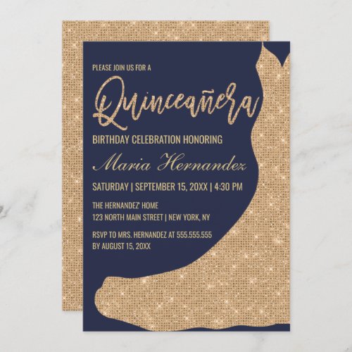 Sparkly Navy Gold Glitter Dress Quinceaera Invitation
