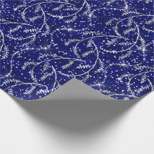 Sparkly Navy Laurel Floral Silver Diamonds Wrapping Paper