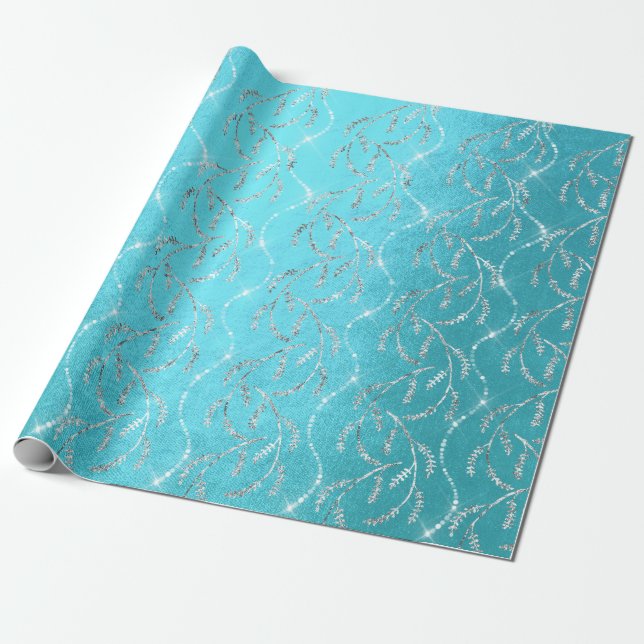 Sparkly Ocean Laurel Floral Silver Diamonds Wrapping Paper (Unrolled)