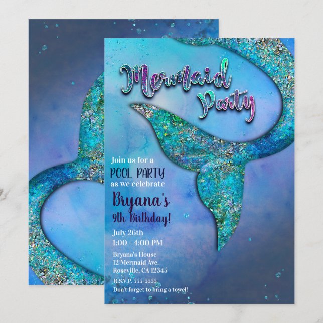 Sparkly Ocean Mermaid Fin Tail Birthday Party Invitation (Front/Back)