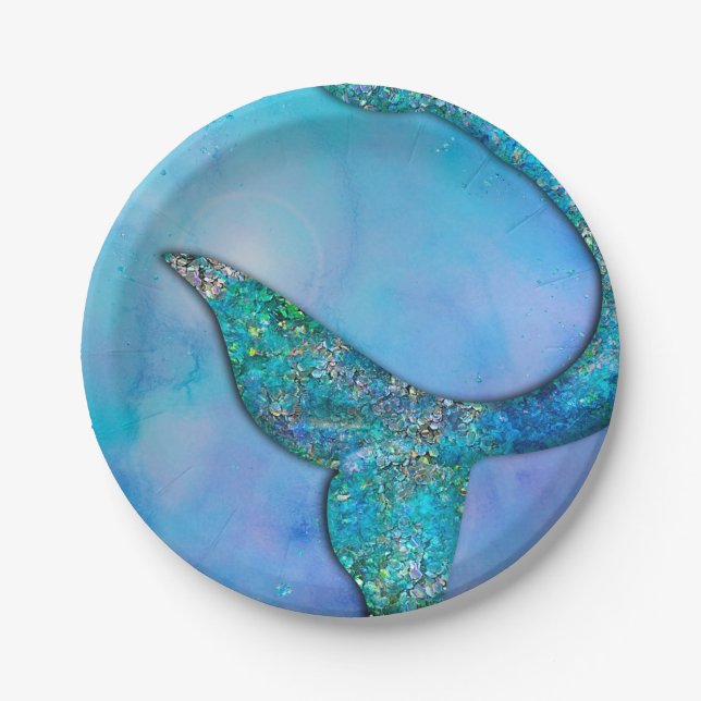Sparkly Ocean Mermaid Fin Tail Birthday Party Paper Plates (Front)