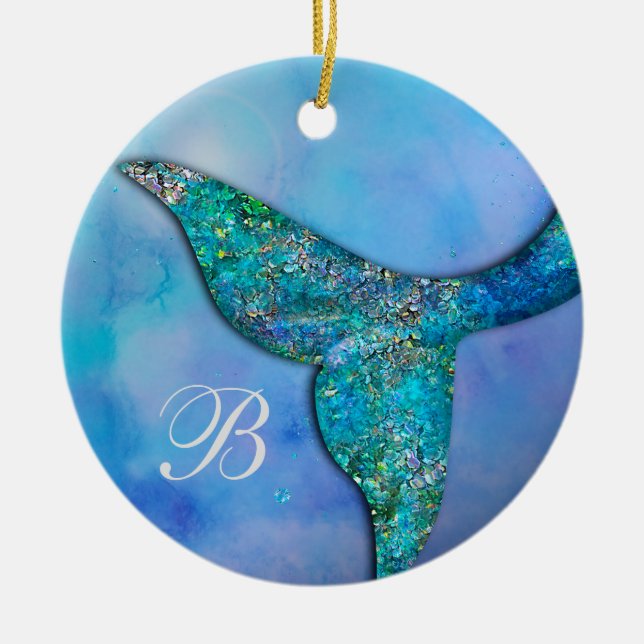 Sparkly Ocean Mermaid Fin Tail Personalized Ceramic Ornament (Front)