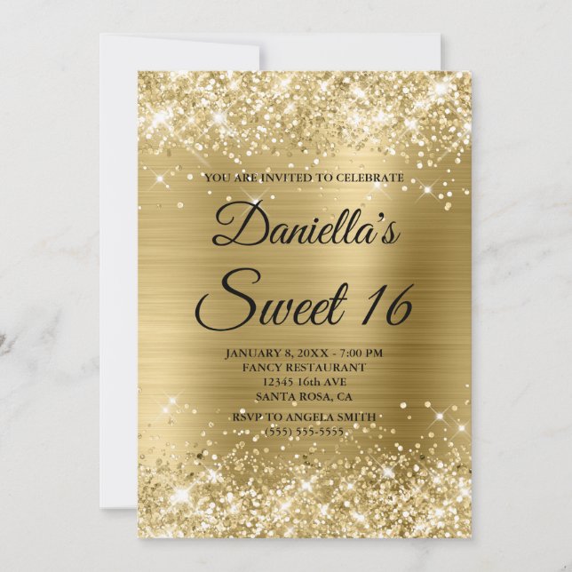 Sparkly Pale Gold Glitter and Foil Sweet 16 Invitation (Front)