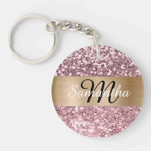 Sparkly Pale Pink Glitter Gold Foil Monogram Keychain