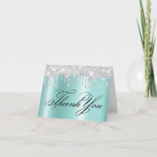 Sparkly Pale Silver Glitter Drips Light Teal Ombre Thank You Card