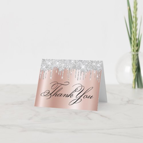 Sparkly Pale Silver Glitter Drips Rose Gold Ombre Thank You Card