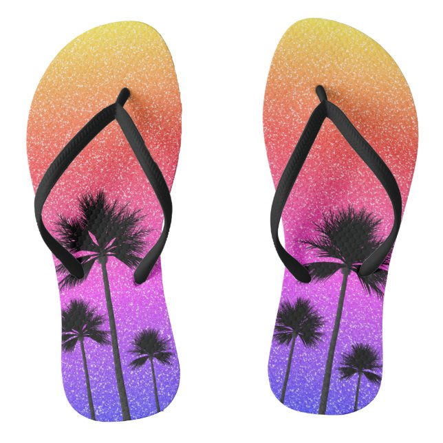 Sparkly Palm Trees Gradient Sunset Flip Flops (Footbed)