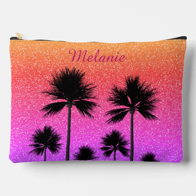 Sparkly Palm Trees Gradient Sunset Personalised Accessory Pouch (Front)