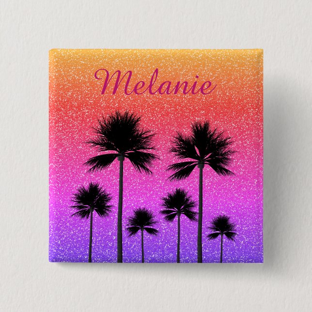 Sparkly Palm Trees Gradient Sunset Personalised Button (Front)