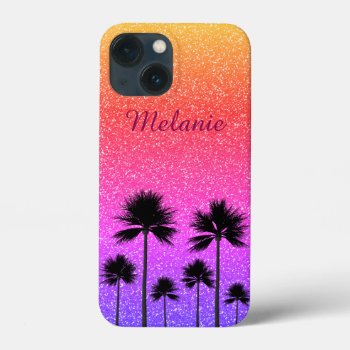 Sparkly Palm Trees Gradient Sunset Personalised Iphone 13 Mini Case by LouiseBDesigns at Zazzle