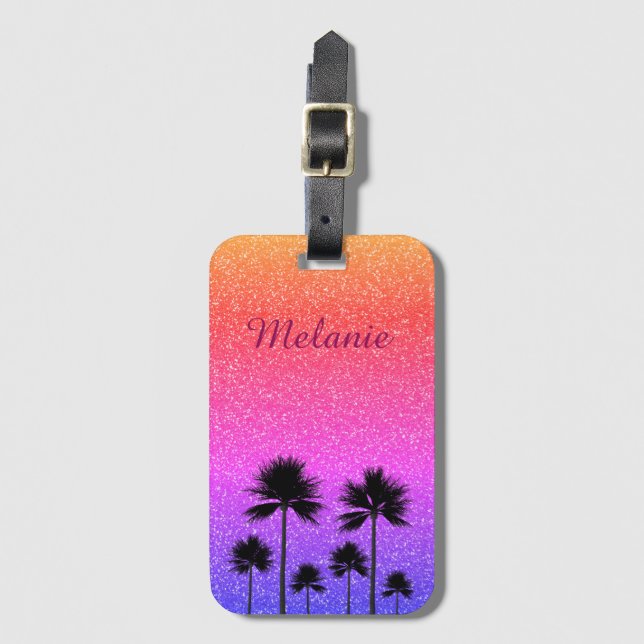 Sparkly Palm Trees Gradient Sunset Personalised Luggage Tag (Front Vertical)