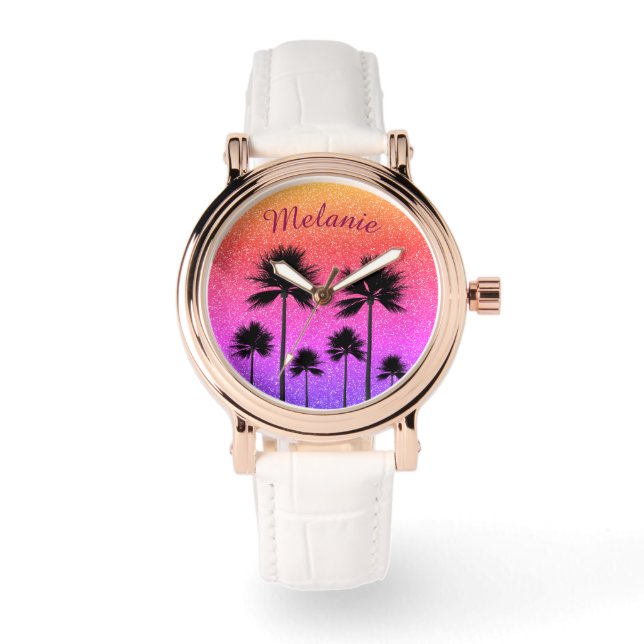 Sparkly Palm Trees Gradient Sunset Personalised Watch (Front)