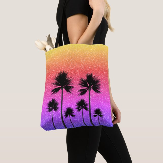 Sparkly Palm Trees Gradient Sunset Tote Bag (Close Up)