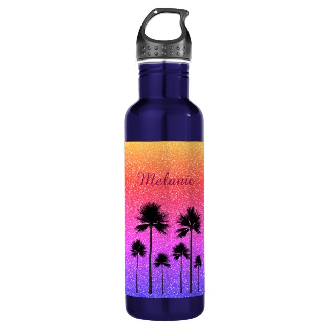 Sparkly Palm Trees Personalised Stainless Steel Water Bottle (Front)