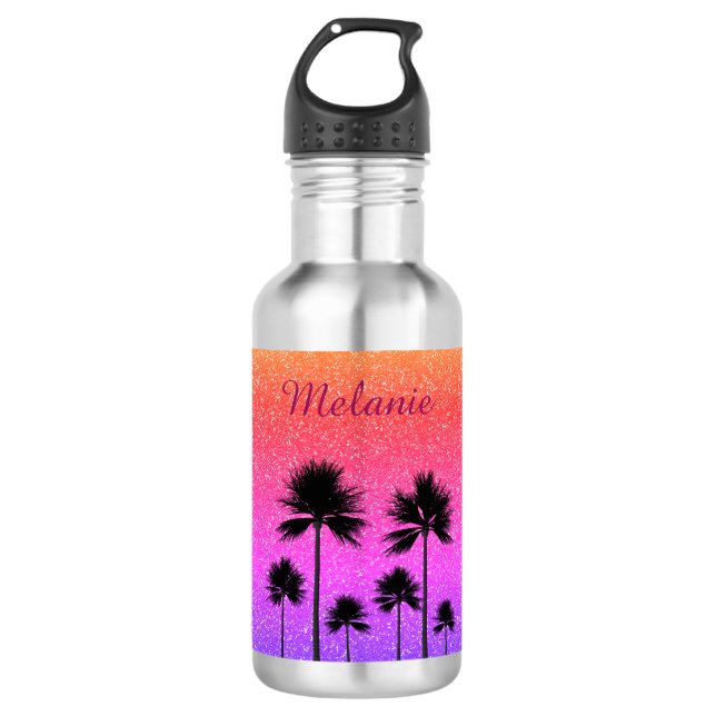 Sparkly Palm Trees Personalised Stainless Steel Water Bottle (Front)