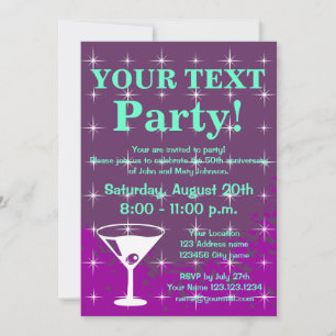 Sparkly party invitations with cocktail glass