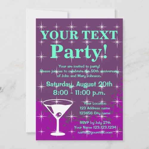 Sparkly party invitations with cocktail glass