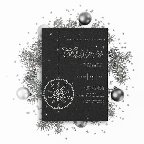 Sparkly Party Rhinestones Glitter Black Christmas Invitation