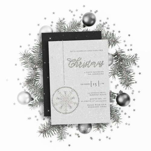 Sparkly Party Rhinestones Glitter White Christmas Invitation