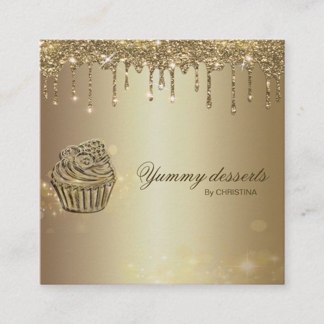 Sparkly Pastry Cake Bakery Glitter Gold Business C Square Business Card (Front)