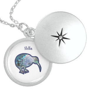 Sparkly Pāua Kiwi Bird, with Custom Name Locket Necklace