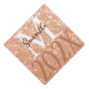 Sparkly peach faux sparkles Monogram Class of 2024 Graduation Cap Topper