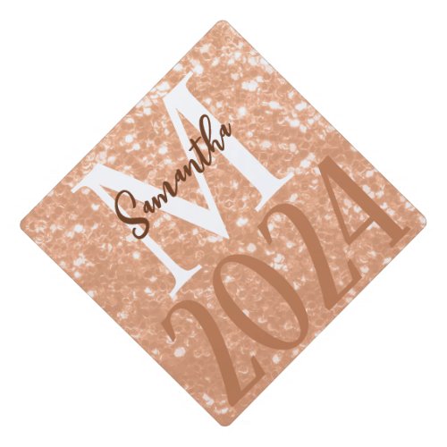 Sparkly peach faux sparkles Monogram Class of 2024 Graduation Cap Topper