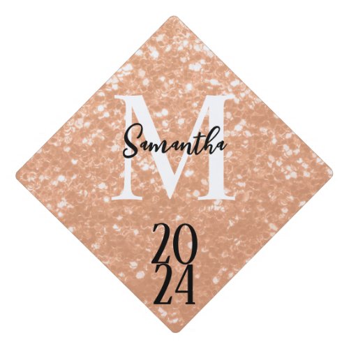 Sparkly peach faux sparkles Monogram Class of 2024 Graduation Cap Topper