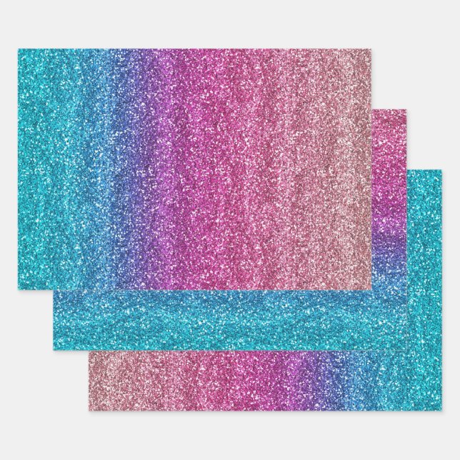 Sparkly Pink and Blue Gradient Glitter Wrapping Paper Sheets (Set)