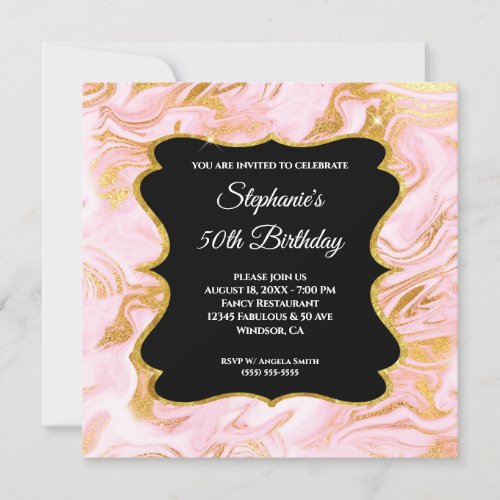 Sparkly Pink and Gold Marble 50th Birthday Invitation