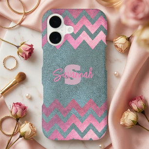 Sparkly Pink and Teal Chevron Monogram iPhone 17 Case