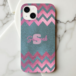 Sparkly Pink and Teal Chevron Monogram Case-Mate iPhone 14 Case