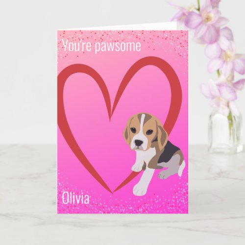 SPARKLY PINK BEAGLE VALENTINES DAY ROMANTIC HEART CARD